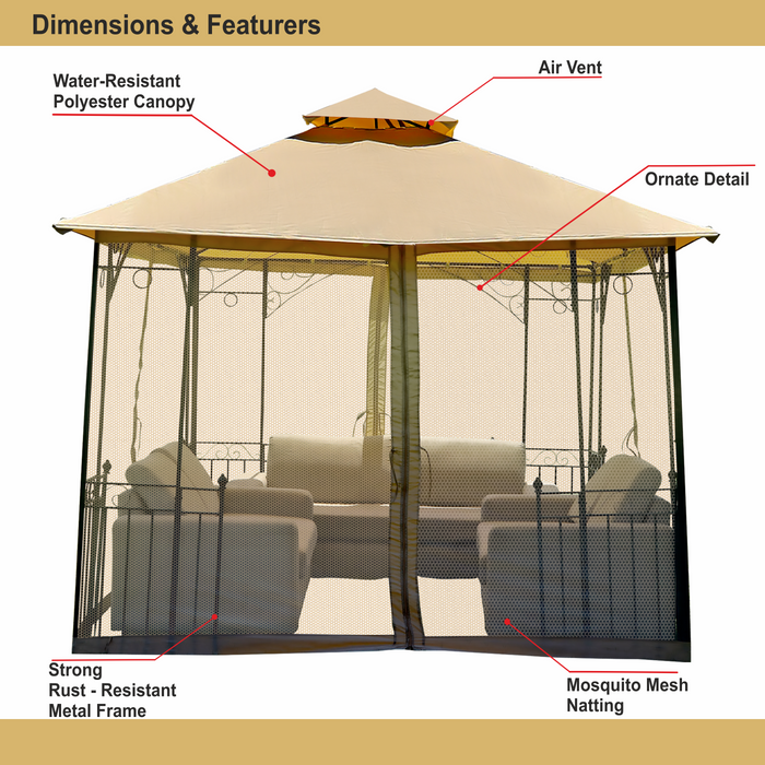 7 star DECOR Outdoor Waterproof Gazebo Pergola Tents, Metal Frame Two Tiled Top, Polyester Fabric Canopy, Adjustable Netting For Garden Backyard, Lawn, Color Beige
