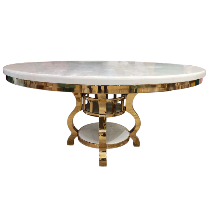 White With Gold Rounded Dining Table For Wedding Decor