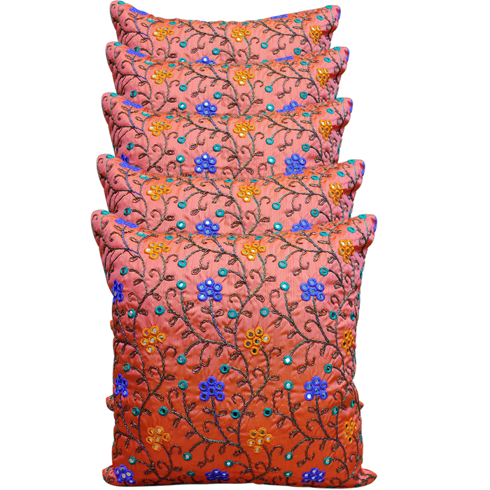 Zari Velvet Floral Print Fabric Cushion Covers For Decor | Set Of 5 Pcs