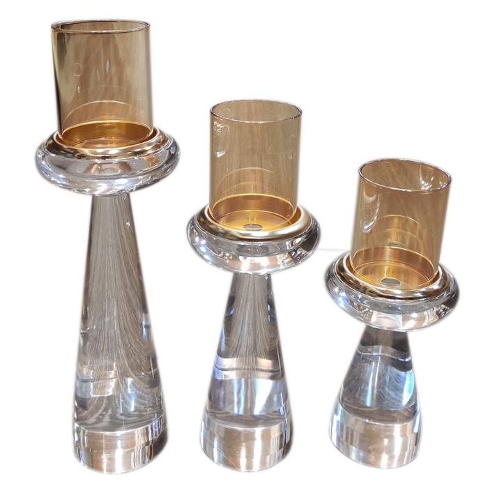 White With Gold Glass Metal Candle Holder For Decor | Set Of 3 Pcs
