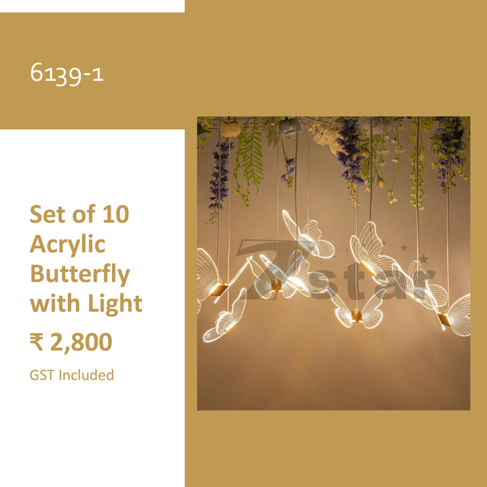 Acrylic Butterfly With Light | Set Of 10 Pcs | Appropriate For Home, Wedding and Event Decor