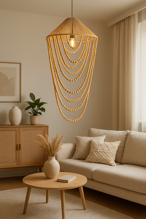 7 star DECOR Premium Wooden Beaded Chandelier for Home Decor | Handmade Multi-Layer Wood Beads Hanging Lamp Shade | Boho & Rustic Ceiling Decor for Living Room, Bedroom, Hallway