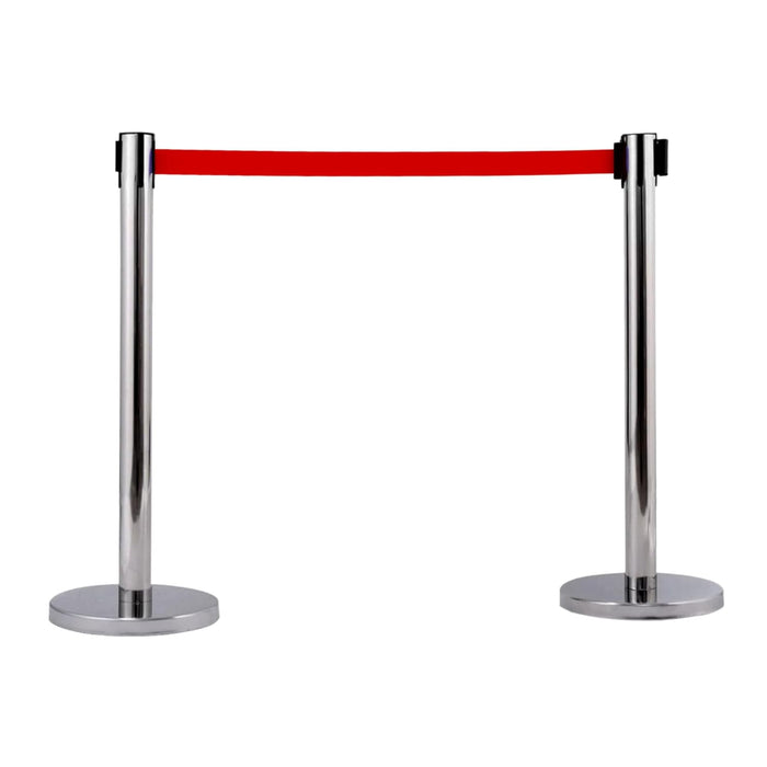 7 star DECOR Silver Stainless Steel SS Queue Manager with Retractable Belt for Banks | Hotel | Reception and other commercial purpose (Set of 2 Poles) (RED BELT)