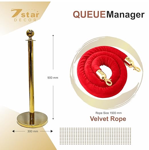 7 Star Decor Premium Golden Queue Manager Stanchion Posts with Red Velvet Rope | Luxury Crowd Control Barrier for Events, Hotels, Weddings & Parties (Set of 2 Poles)
