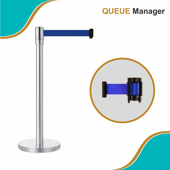 7 star DECOR Silver Stainless Steel SS Queue Manager with Retractable Belt for Banks | Hotel | Reception and other commercial purpose (Set of 2 Poles) (BLACK BELT)