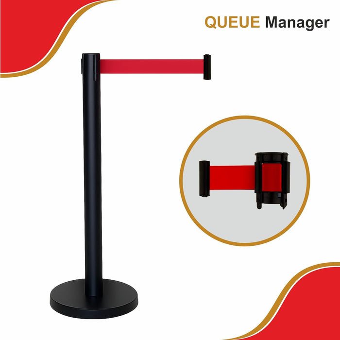 7 star DECOR Commercial Black Queue Manager Barrier with Red Retratable 5ft Belt (Set of 2 Poles) (RED BELT)