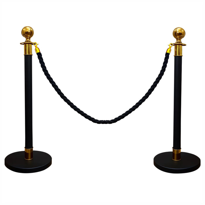 7 star DECOR Black Queue Roper Barrier with Braided Rope and Golden Details (Set of 2 Pole & 1 Rope) (Black Braied Rope)