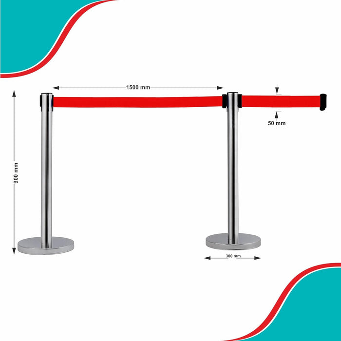 7 star DECOR Silver Stainless Steel SS Queue Manager with Retractable Belt for Banks | Hotel | Reception and other commercial purpose (Set of 2 Poles) (RED BELT)