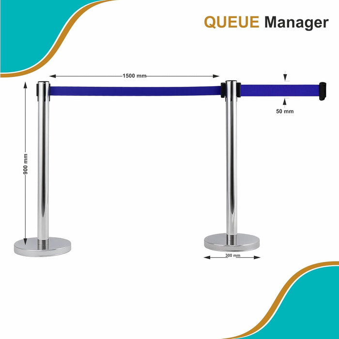7 star DECOR Silver Stainless Steel SS Queue Manager with Retractable Belt for Banks | Hotel | Reception and other commercial purpose (Set of 2 Poles) (BLACK BELT)