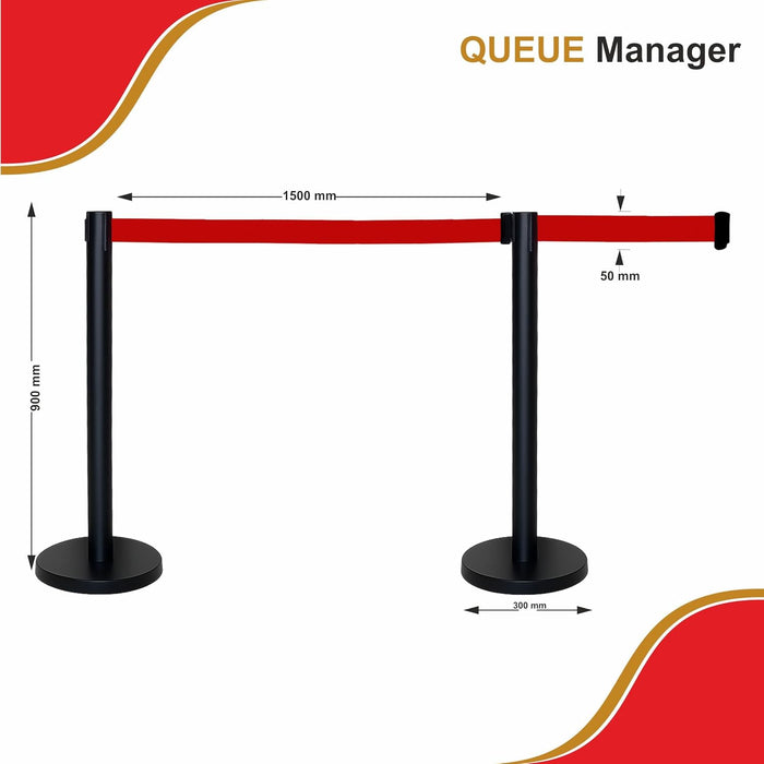 7 star DECOR Commercial Black Queue Manager Barrier with Red Retratable 5ft Belt (Set of 2 Poles) (RED BELT)