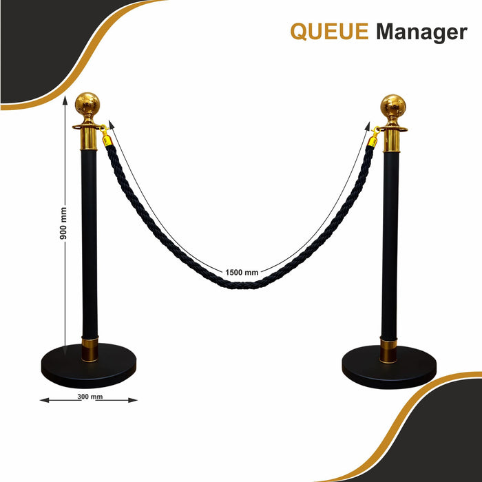 7 star DECOR Black Queue Roper Barrier with Braided Rope and Golden Details (Set of 2 Pole & 1 Rope) (Black Braied Rope)