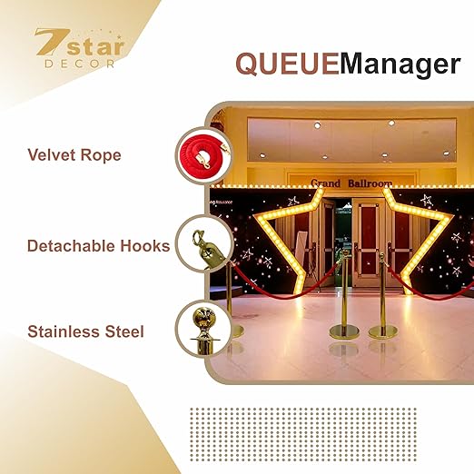 7 Star Decor Premium Golden Queue Manager Stanchion Posts with Red Velvet Rope | Luxury Crowd Control Barrier for Events, Hotels, Weddings & Parties (Set of 2 Poles)