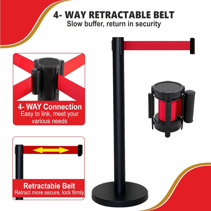 7 star DECOR Commercial Black Queue Manager Barrier with Red Retratable 5ft Belt (Set of 2 Poles) (RED BELT)