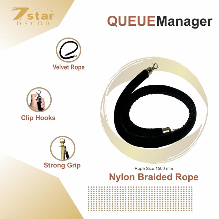 7 star DECOR Queue Manager Velvet Braided Rope, Length 150 CM, Attached On Both Sides Silver Metal Clip and Hooks With Good Grip, Best For Crowd Control at Commercial Space