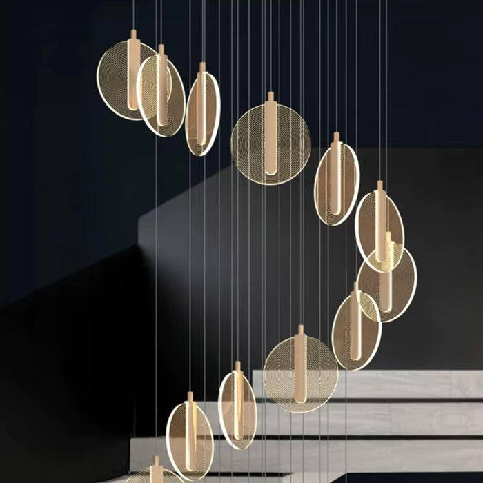 7 star DECOR Modern Circular Pendant Light Chandelier, Acrylic Disc Design, Gold Metal Accents, Multiple Hanging Lights