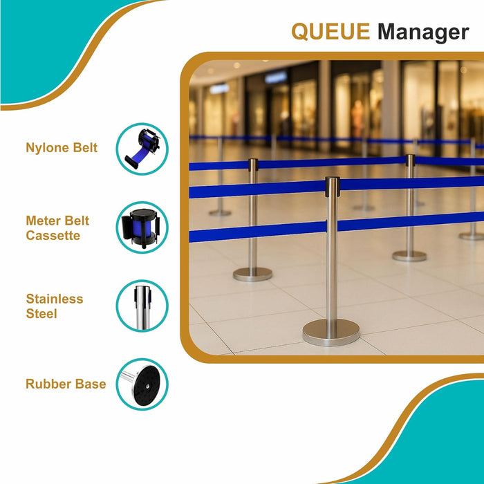 7 star DECOR Silver Stainless Steel SS Queue Manager with Retractable Belt for Banks | Hotel | Reception and other commercial purpose (Set of 2 Poles) (BLACK BELT)