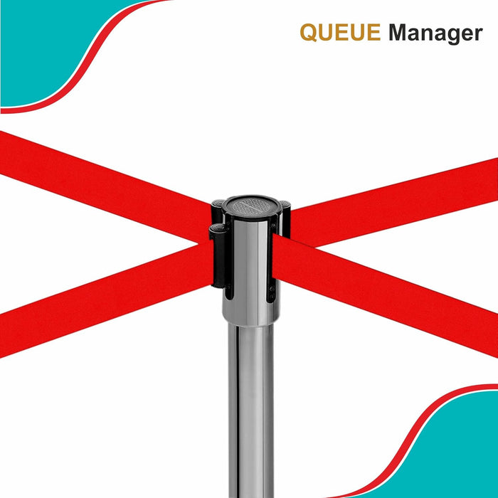 7 star DECOR Silver Stainless Steel SS Queue Manager with Retractable Belt for Banks | Hotel | Reception and other commercial purpose (Set of 2 Poles) (RED BELT)