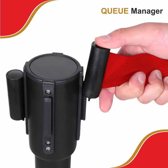 7 star DECOR Commercial Black Queue Manager Barrier with Red Retratable 5ft Belt (Set of 2 Poles) (RED BELT)