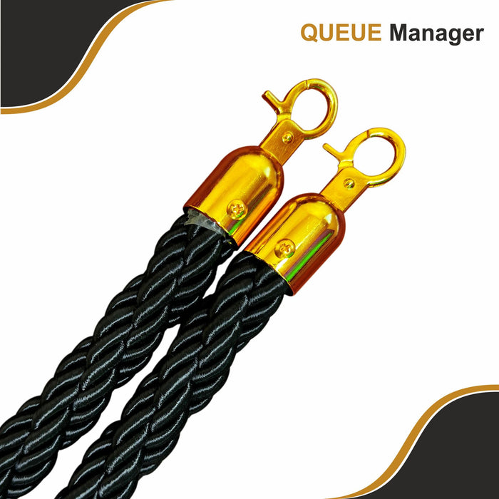 7 star DECOR Black Queue Roper Barrier with Braided Rope and Golden Details (Set of 2 Pole & 1 Rope) (Black Braied Rope)