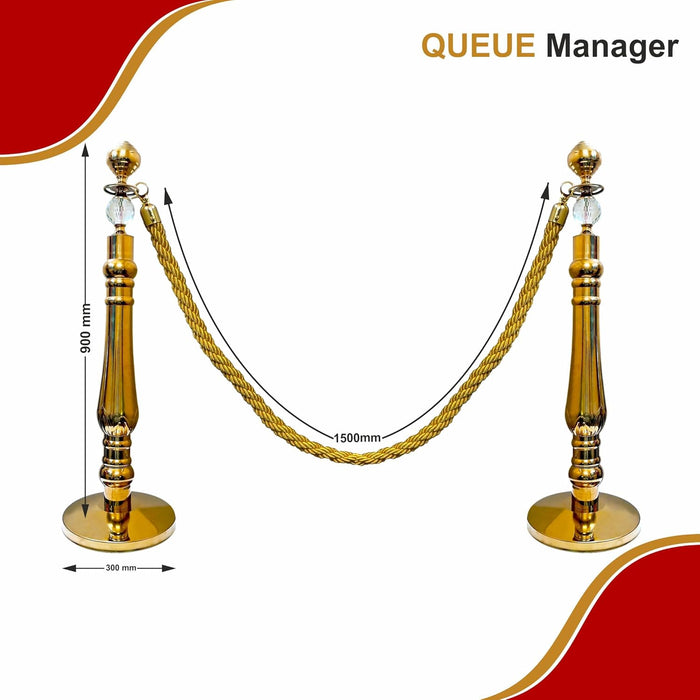 7 star DECOR Golden Ornate Crystal-Adorned Elegant Queue Manager Rope Barrier (Set of 2 Poles & 1 Rope) (GOLD ROPE)