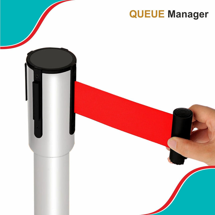 7 star DECOR Silver Stainless Steel SS Queue Manager with Retractable Belt for Banks | Hotel | Reception and other commercial purpose (Set of 2 Poles) (RED BELT)