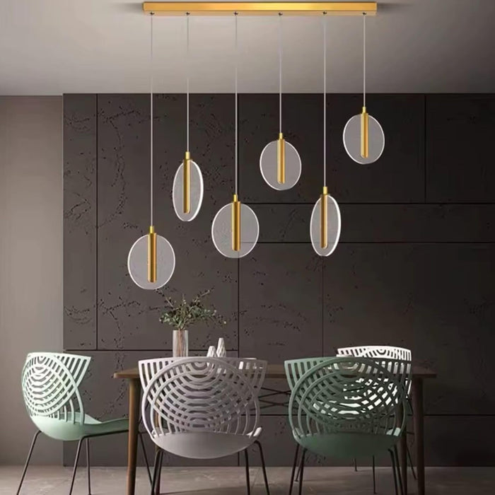 7 star DECOR Modern Circular Pendant Light Chandelier, Acrylic Disc Design, Gold Metal Accents, Multiple Hanging Lights