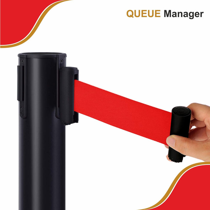 7 star DECOR Commercial Black Queue Manager Barrier with Red Retratable 5ft Belt (Set of 2 Poles) (RED BELT)
