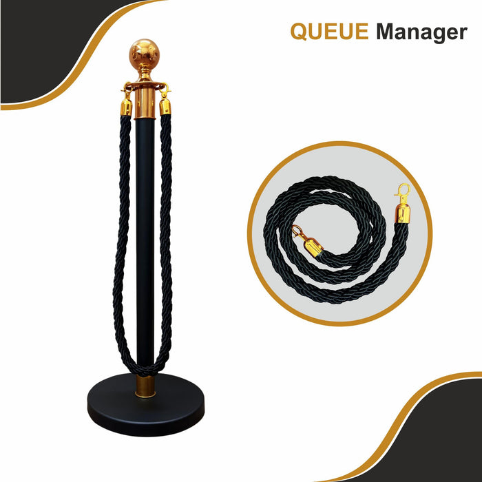 7 star DECOR Black Queue Roper Barrier with Braided Rope and Golden Details (Set of 2 Pole & 1 Rope) (Black Braied Rope)