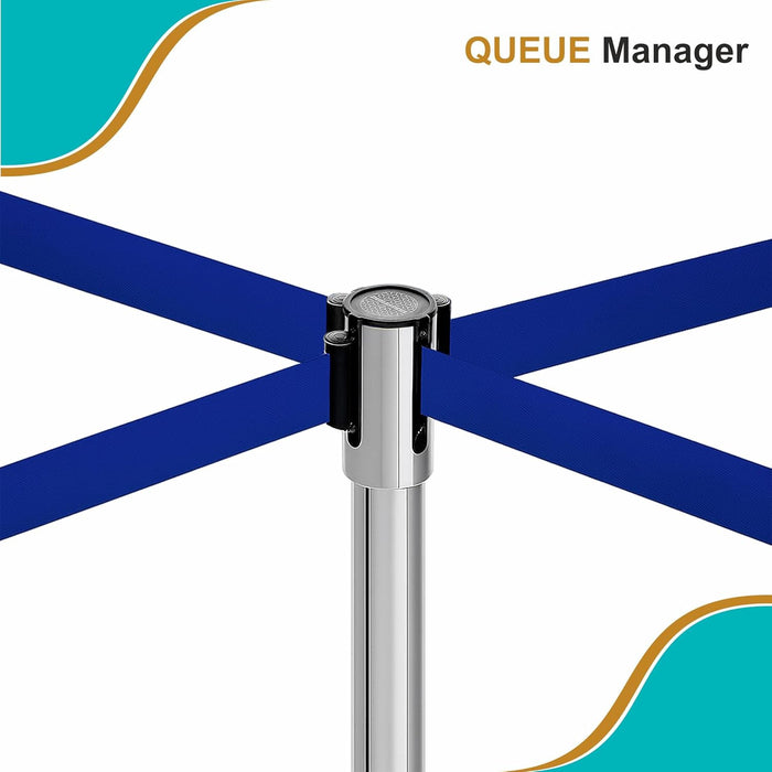 7 star DECOR Silver Stainless Steel SS Queue Manager with Retractable Belt for Banks | Hotel | Reception and other commercial purpose (Set of 2 Poles) (BLACK BELT)