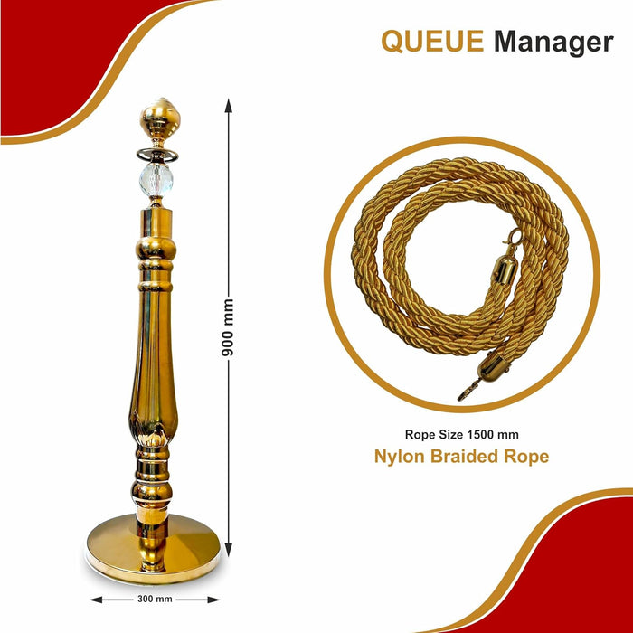 7 star DECOR Golden Ornate Crystal-Adorned Elegant Queue Manager Rope Barrier (Set of 2 Poles & 1 Rope) (GOLD ROPE)
