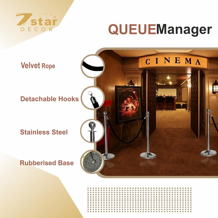7 star DECOR Stainless Steel Queue Manager with Velvet Rope Set of 2 Pole and 1.5m Rope (Silver + Black Velvet Rope)