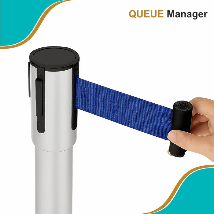 7 star DECOR Silver Stainless Steel SS Queue Manager with Retractable Belt for Banks | Hotel | Reception and other commercial purpose (Set of 2 Poles) (BLACK BELT)