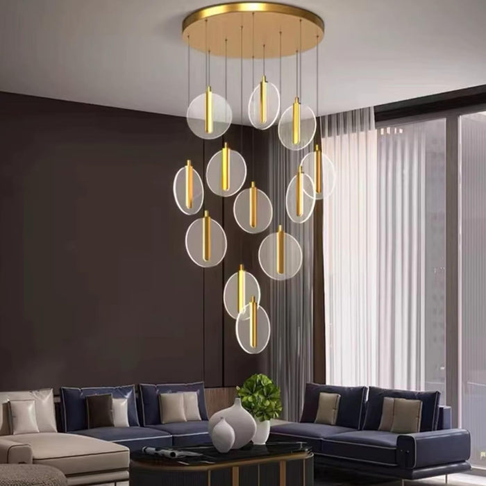 7 star DECOR Modern Circular Pendant Light Chandelier, Acrylic Disc Design, Gold Metal Accents, Multiple Hanging Lights