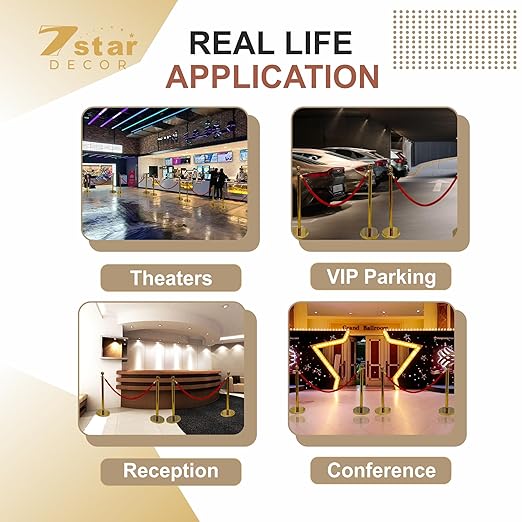 7 Star Decor Premium Golden Queue Manager Stanchion Posts with Red Velvet Rope | Luxury Crowd Control Barrier for Events, Hotels, Weddings & Parties (Set of 2 Poles)