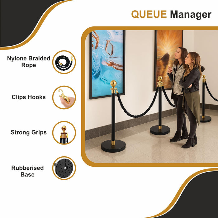 7 star DECOR Black Queue Roper Barrier with Braided Rope and Golden Details (Set of 2 Pole & 1 Rope) (Black Braied Rope)