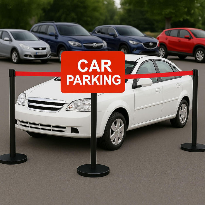 7 star DECOR Commercial Black Queue Manager Barrier with Red Retratable 5ft Belt (Set of 2 Poles) (RED BELT)