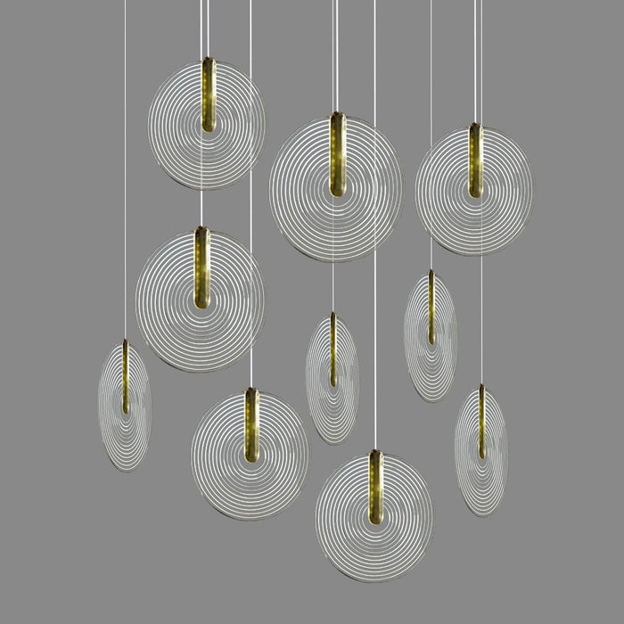 7 star DECOR Modern Circular Pendant Light Chandelier, Acrylic Disc Design, Gold Metal Accents, Multiple Hanging Lights