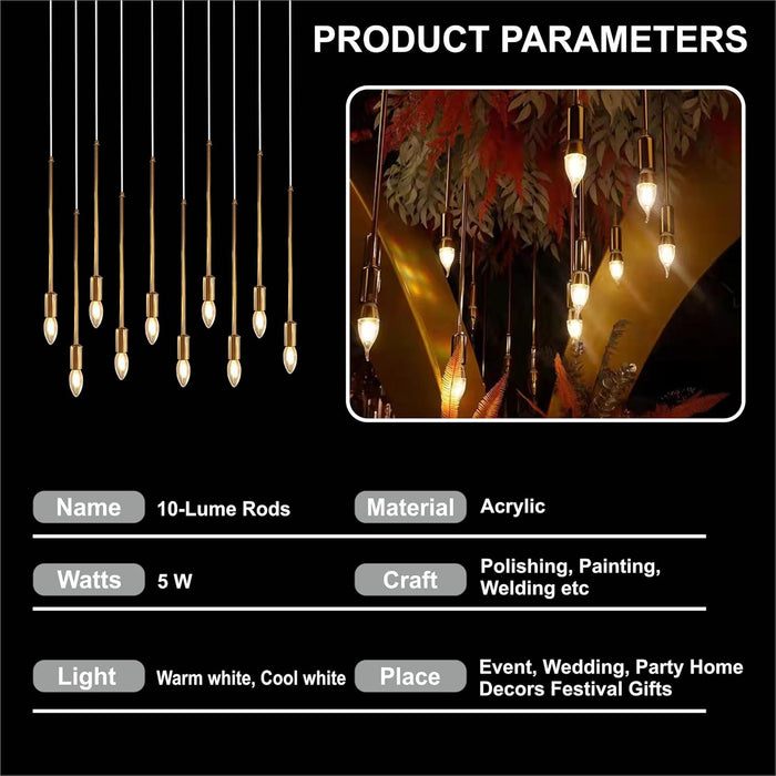 7 star DECOR Modern LED Rod Chandelier | 10-Light Gold Pendant Hanging Ceiling Lamp | Luxury Minimalist Lighting Fixture for Living Room, Dining Room, Wedding & Event Decoration