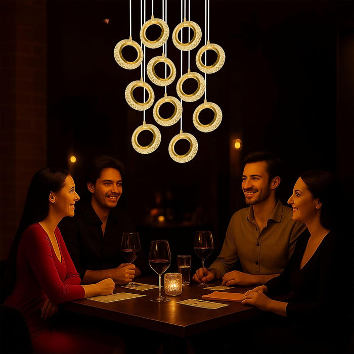 7 star DECOR Modern Crystal Ring Pendant Chandelier | 10-Light Golden Circle Hanging Lamp | Luxury LED Ceiling Light Fixture for Living Room, Dining Room, Wedding & Event Decor