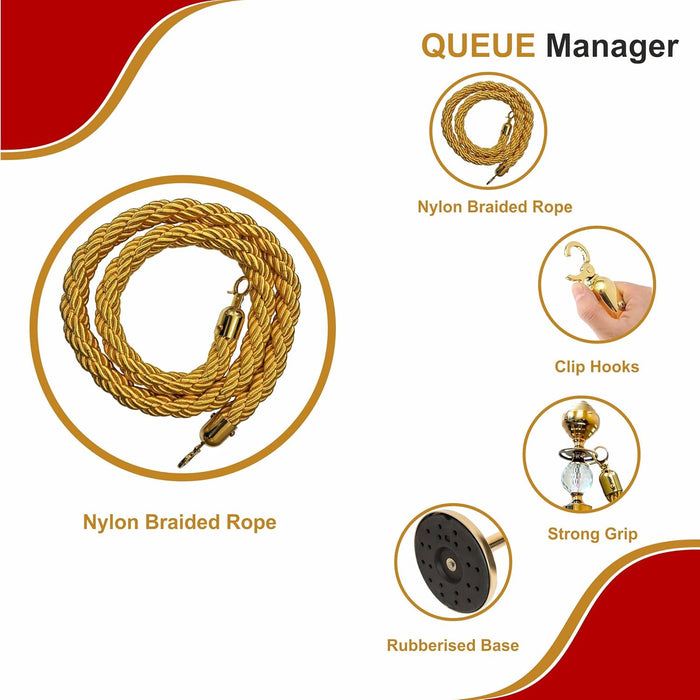7 star DECOR Golden Ornate Crystal-Adorned Elegant Queue Manager Rope Barrier (Set of 2 Poles & 1 Rope) (GOLD ROPE)