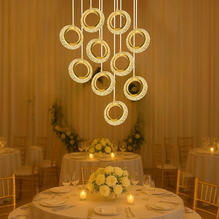 7 star DECOR Modern Crystal Ring Pendant Chandelier | 10-Light Golden Circle Hanging Lamp | Luxury LED Ceiling Light Fixture for Living Room, Dining Room, Wedding & Event Decor