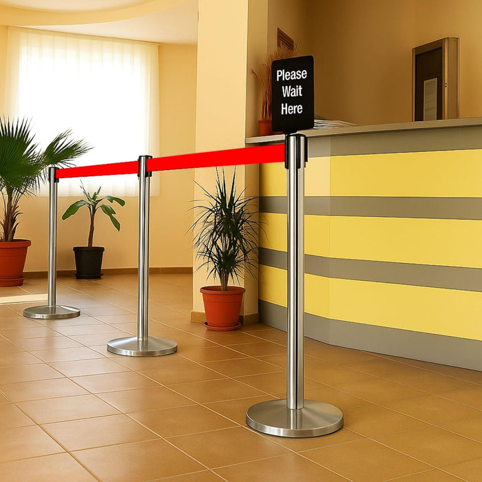 7 star DECOR Silver Stainless Steel SS Queue Manager with Retractable Belt for Banks | Hotel | Reception and other commercial purpose (Set of 2 Poles) (RED BELT)