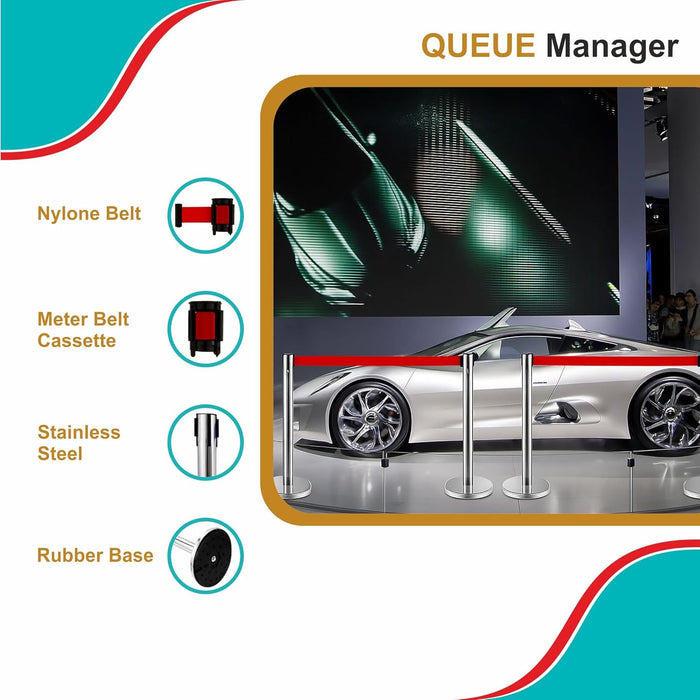 7 star DECOR Silver Stainless Steel SS Queue Manager with Retractable Belt for Banks | Hotel | Reception and other commercial purpose (Set of 2 Poles) (RED BELT)