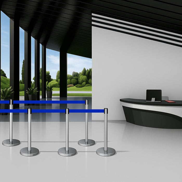 7 star DECOR Silver Stainless Steel SS Queue Manager with Retractable Belt for Banks | Hotel | Reception and other commercial purpose (Set of 2 Poles) (BLACK BELT)