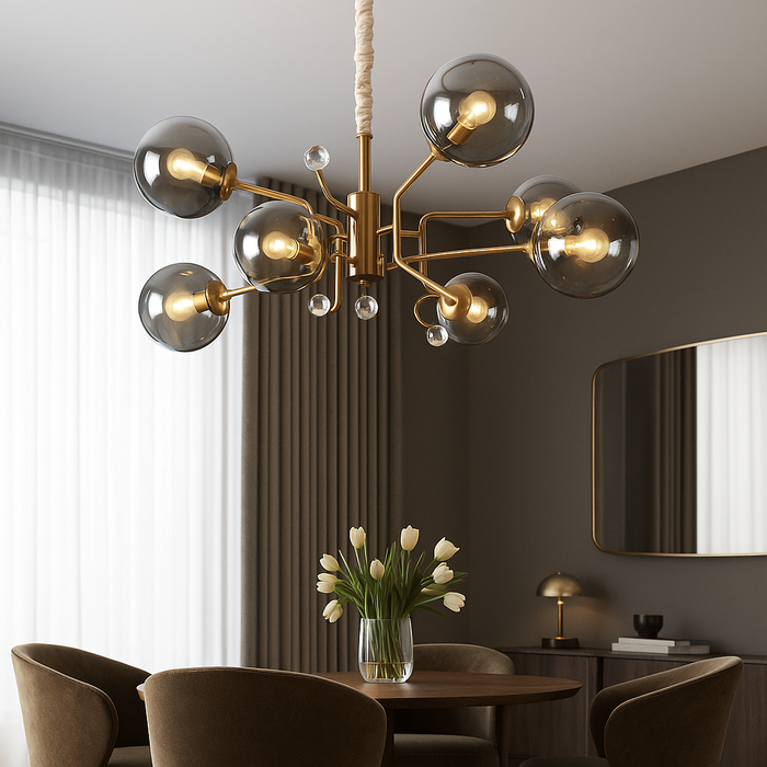 6 Lights Gracious Chandelier With Smokey Grey Glass | Color : Gold and Black