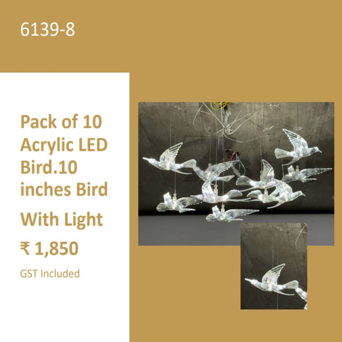 Pack Of 10 Acrylic LED Birds For All Kinds Of Indoor and Outdoor Decor | 10 Inches Bird With Light