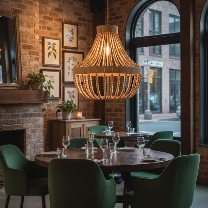 7 star DECOR Handcrafted Wooden Beaded Chandelier for Living Room, Boho Pendant Light for Home Decor, Rustic Hanging Ceiling Lamp (Natural Wood Finish)