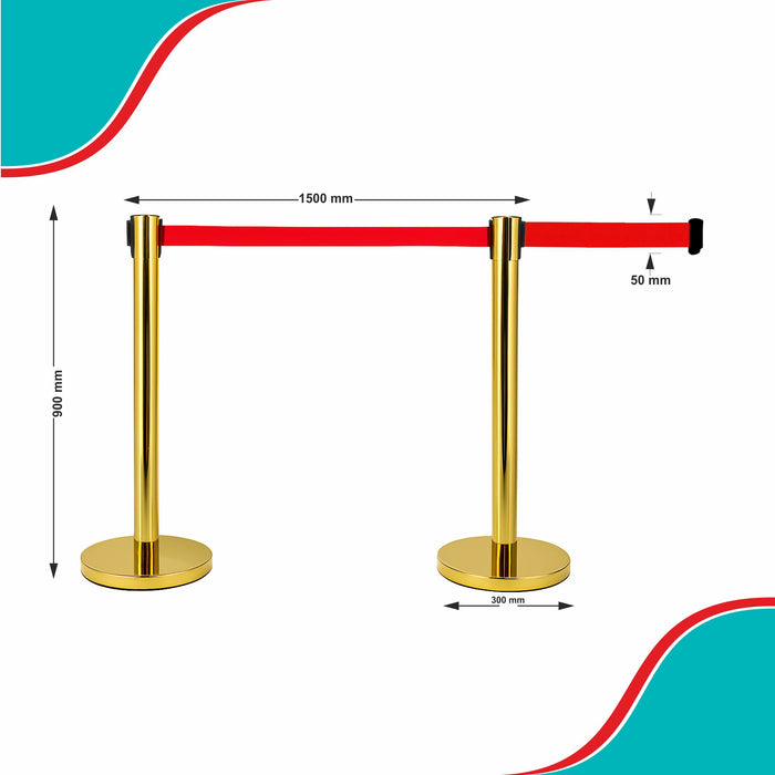 7 star DECOR Commercial Stainless Steel Golden Queue Manager with Retractable 5ft belt Set of 2 poles for VIP Entrace | Red Carpet | Banks (RED BELT)