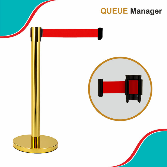 7 star DECOR Commercial Stainless Steel Golden Queue Manager with Retractable 5ft belt Set of 2 poles for VIP Entrace | Red Carpet | Banks (RED BELT)