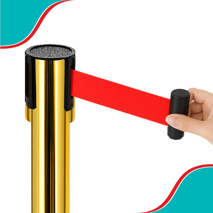 7 star DECOR Commercial Stainless Steel Golden Queue Manager with Retractable 5ft belt Set of 2 poles for VIP Entrace | Red Carpet | Banks (RED BELT)